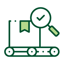 Magnifying glass with a checkmark in the center lense inspecting a package on a conveyor belt.