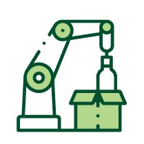 Robot arm placing bottle in box packaging